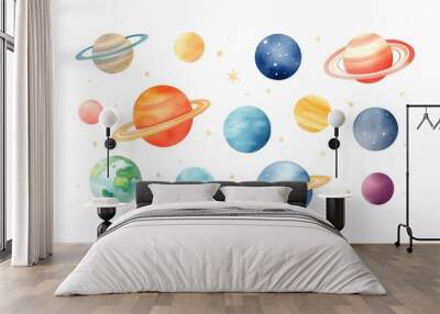 A simplistic watercolor illustration of planets in space, designed for children's posters Wall mural