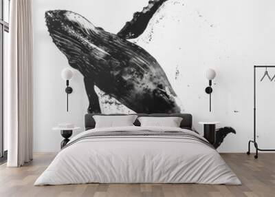 Artistic black and white illustration of a humpback whale in motion, capturing the graceful dynamics of marine life. Wall mural