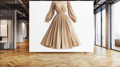 Beige dress: puff sleeves, pleated skirt. Wall mural