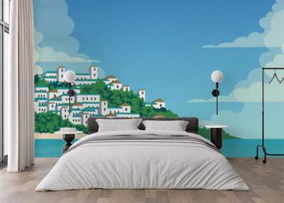 Mykonos Greece, travel poster, vertical banner, postcard. Wall mural