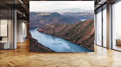 Aerial colorful view from Canyon Rim trail overlook near campground in Flaming Gorge Utah National Park with Green River at sunset Wall mural