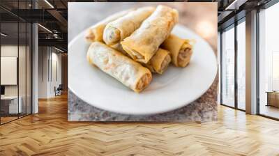 Closeup of fried spring egg rolls on white plate macro closeup in chinese asian restaurant or home as appetizer for dinner Wall mural