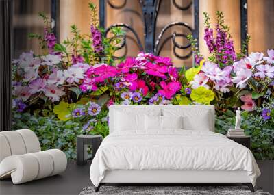 Closeup of window purple pink green color pink flowers basket box planter decorations on summer day in Charleston, South Carolina Wall mural