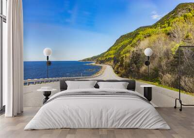 Coast of Gaspesie region of Quebec, Canada with road, cliffs and Saint Lawrence river ocean Wall mural