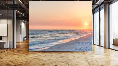 Dreamy pink peach orange sunset in Santa Rosa Beach, Florida with Pensacola coastline coast cityscape skyline in panhandle with ocean gulf mexico waves, birds Wall mural