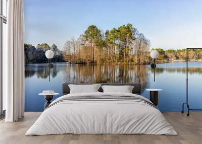 Eutawville, South Carolina sunset in town near Lake Marion with water landscape view at Fountain lake in spring evening with nobody and pine trees Wall mural