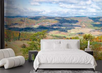 Fall maple trees and panorama of farm house land rolling hills aerial above high angle view landscape in Blue Grass, Highland County, Virginia Wall mural