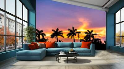 Hollywood Beach in North Miami, Florida view of villas houses at beautiful purple and orange glowing sunset with palm trees in dark silhouette closeup Wall mural