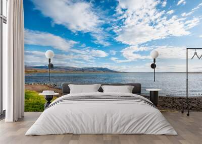 Laugarvatn lake in south Iceland on Golden Circle shore water wide angle view of Hot Springs Geothermal area on sunny day Wall mural