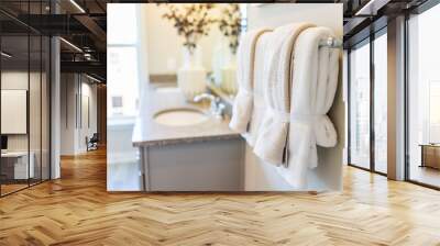 Modern bathroom with two sinks and towels hanging on rack Wall mural