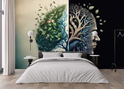 Brain shaped tree in contrasting seasons-mental health concept art Wall mural