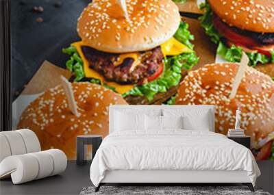 Burger. Juicy burger. Food. Street food. Fast food. Junk food. Cutlet. Lots of burgers Wall mural