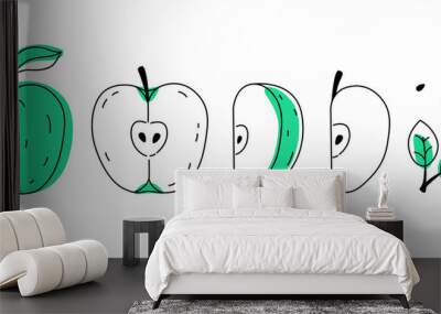 Green doodle apple outline with spots. Whole, pieces, seeds and leaves. Wall mural