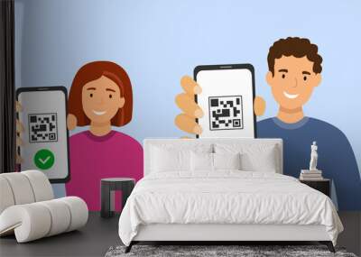 Man and woman with qr code on smartphone screen in hand Wall mural