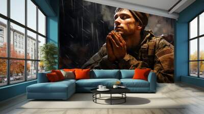 Christian soldier praying with cross in the background. Digital painting Wall mural