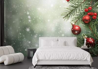 Christmas tree adorned with red balls and covered in snow, sparkling against a white winter backdrop. Wall mural