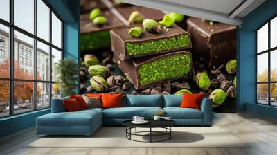 Close-up of rich Dubai chocolate bars filled with vibrant green pistachio paste, on white background  Wall mural