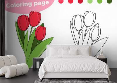 Coloring page for children. Spring flowers - Tulips. Hand drawn. Vector illustration Wall mural