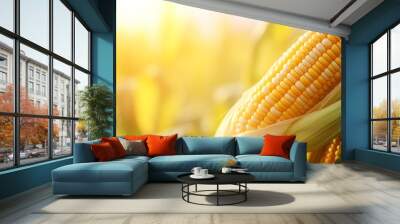 Corn cobs close up, blurred corn field background with copy space  Wall mural