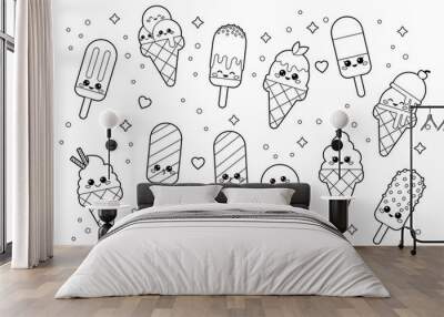 Cute kawaii set of ice creams. Coloring page for adults and children. Cartoon vector characters. Black and white illustration. Wall mural