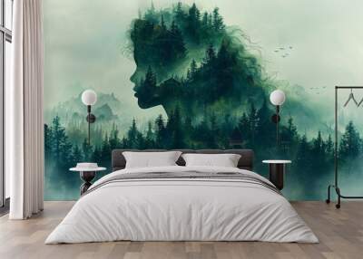 Double exposure of beautiful woman face and green nature on background. Collage of female and trees. Wall mural