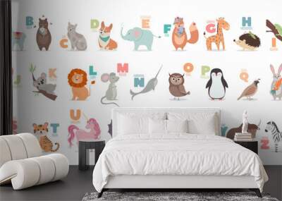 English alphabet with cute cartoon animals for kids education. Letter with a funny animal. Wall mural