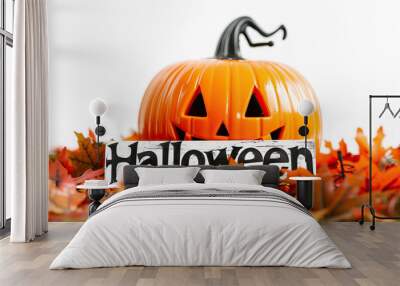 Festive Halloween display featuring a carved jack-o'-lantern surrounded by autumn leaves with a sign reading 