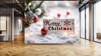 Festive Merry Christmas sign crafted with pine cones and berries on a white background, evoking holiday cheer Wall mural