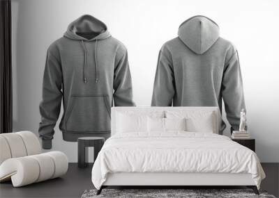 Front and back views of a plain grey hoodie isolated on a white background, highlighting its simple design and comfortable fabric, perfect for apparel showcases and fashion-related themes. Wall mural