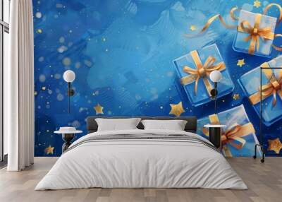 Generative AI illustration of blue gifts with golden bows and ribbons placed on blue background near stars  Wall mural