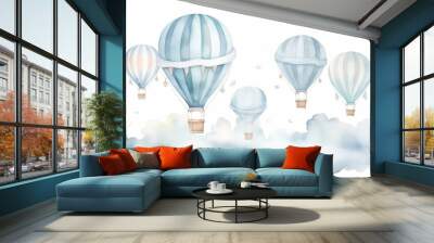 Hand drawn watercolor illustration - hot air balloons in the sky. Collection with retro airship. Perfect for baby prints, children posters, home decor, invitations etc  Wall mural