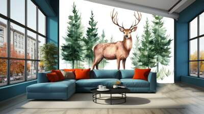 Hand-drawn watercolor illustration of a deer among pine trees, white background.  Wall mural