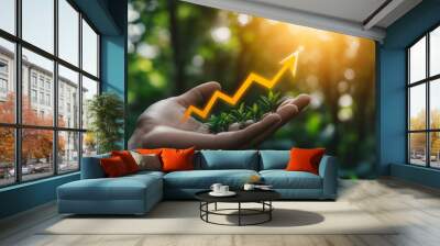 Hand growth arrow symbol business up background of success graph financial profit stock diagram or growing economy investment income target and goal increase achievement on development strategy chart. Wall mural