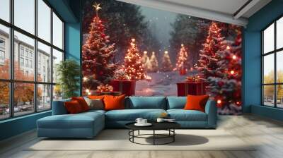 Illuminated christmas trees with red and golden garlands into a forest with snowy flakes with shape of stars close to xmas gifts in red boxes  Wall mural