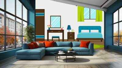 Interior of a modern bedroom with window, wardrobe, dressing table and mirror. Flat style vector illustration Wall mural