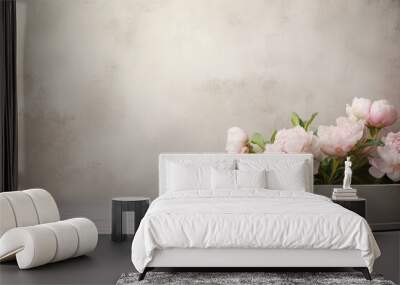 retro background with peonies in vintage style with free space for inscriptions. antique wall with scuffs in shabby chic style. summer spring laconic natural background Wall mural