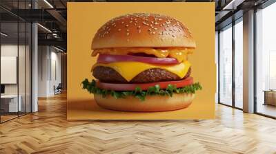 Juicy hamburger topped with melted cheese, fresh tomato slices, red onion, and crisp lettuce. Wall mural