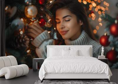 A young brunette woman in a white sweater decorates a Christmas tree with red balloons Wall mural