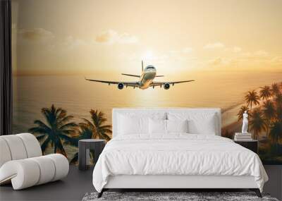 Airplane flying above calm sea and palm trees in clear sunset sky with sun rays. Concept of traveling, vacation and travel by air transport. Beautiful sky background Wall mural