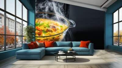 Cooking traditional tasty pilaf. Fragrant pilaf with pieces of meat and spices in a glass cauldron with steam in oven on black background. Kurban Halal Food. Banner size, copy space. Generative ai Wall mural