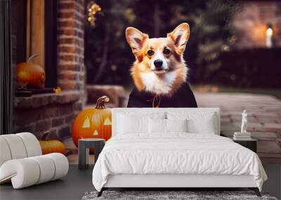 Cute corgi dog in scary halloween costume and black Dracula cloak sitting outdoors near house with lightning pumpkins and autumns fail leaves. Halloween night concept. Generative ai Wall mural