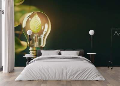 Ecology, save energy and sustainability concept. Environment banner with light bulb with green leaves on green background. Sustainable energy development. Banner size, copy space Wall mural