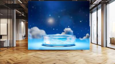 Empty glass podium on beauty cloudy night sky background with stars. Show case for your products. Concept scene stage for new product, promotion sale and presentation. Generative ai Wall mural