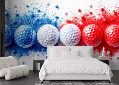 Golf balls coated in the tricolors of the French flag suggest a vibrant celebration of golfing events and the esteemed golf clubs dotting France Wall mural