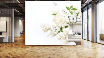 Music banner with white grand piano with spring white flowers and butterflies on white background. Beautiful romantic floral background suitable for music event or concert. Banner size, copy space Wall mural