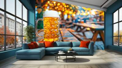 Single, frothy beer mug takes center stage on a rustic wooden table, with Oktoberfest warm, festive lights creating an inviting blur in the background, promising a jovial beer tent atmosphere. Copy sp Wall mural