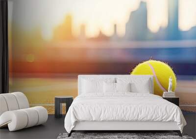 Tennis banner with yellow tennis ball on blurred sunset New York cityscape background. Summer tennis competition. Tennis background. Concept of Healthy sport. Banner size, copy space Wall mural