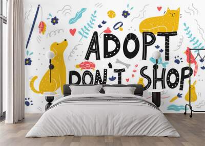 Lettering - adopt don't shop card. Doodle pets and objects for care. Hand drawn dog, cat, turtle, hamster, parrot, rabbit, fish and mouse. Wall mural