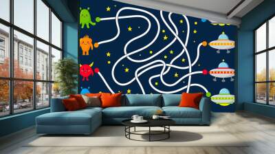 Maze game for kids. Help the aliens find the right way to the UFO. Open space with stars. Kawaii cartoon style. Vector illustration. Wall mural