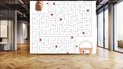 Maze game for kids. Help the hedgehog find right way to her basket. How many strawberries she found. Vector cartoon character. Educational worksheet. Wall mural